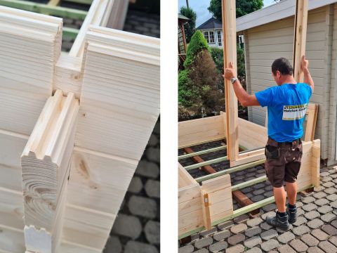 Holzhaus-Tür-einsetzen